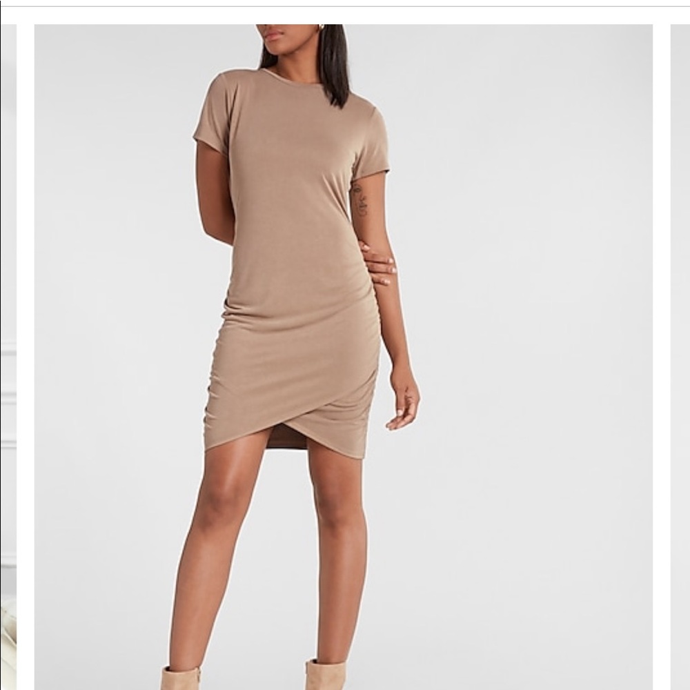 Silky sueded jersey ruched T-shirt dress.